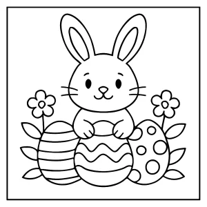 Easter Bunny coloring page featuring a cute bunny holding an egg, free printable for kids