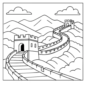 Great Wall of China coloring page, free printable sheet with detailed landmark illustration