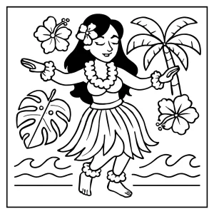 Hawaiian dancer coloring page – printable line art of a Hawaiian dancer for kids to color