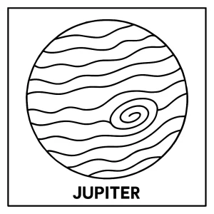 Jupiter planet coloring page for kids to print and color, featuring the gas giant's iconic bands and Great Red Spot