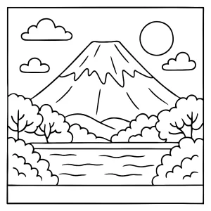 Mount Fuji coloring page with printable outline of the mountain for kids and adults