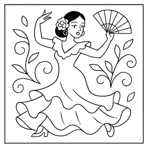 Spanish flamenco dancer coloring page with ruffled dress, printable for free