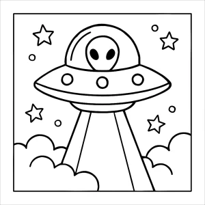 UFO spaceship coloring page for kids to print and color, featuring a classic flying saucer and stars.