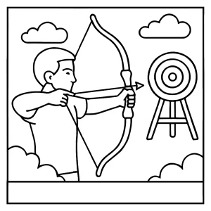 Archery adventure coloring page for kids featuring an archer aiming at a target in an outdoor scene
