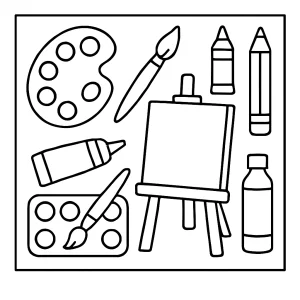 Art supplies coloring page featuring paintbrushes, crayons, pencils, and a paint palette for kids to print and color.
