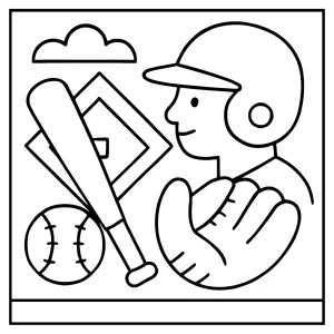 Baseball game coloring page featuring players, bats, and a ball, available as a free printable coloring page for kids.