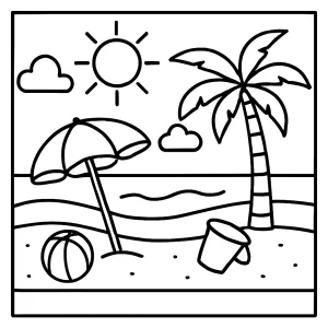 Free printable beach scene coloring page with sandcastles, palm trees, and seashells for kids.