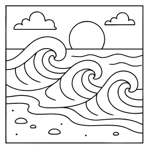 Beach waves coloring page featuring ocean waves and sandy beach, free printable for kids and adults