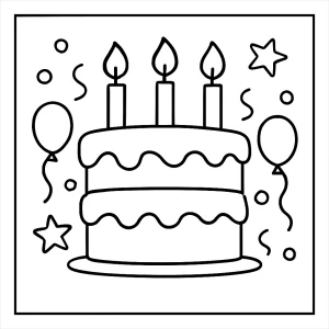 Birthday cake coloring page featuring a decorated cake with candles, free to print and color for kids.