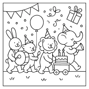 Birthday parade coloring page featuring kids, balloons, and festive decorations to print and color for free