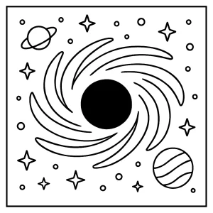 Black hole coloring page with swirling cosmic patterns and planets for kids to print and color