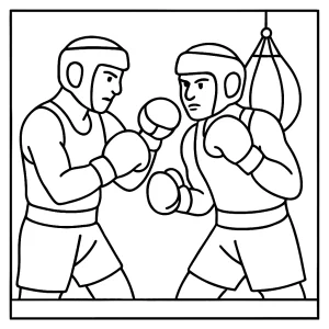 Boxing match coloring page for kids to print and color, featuring two boxers in the ring.