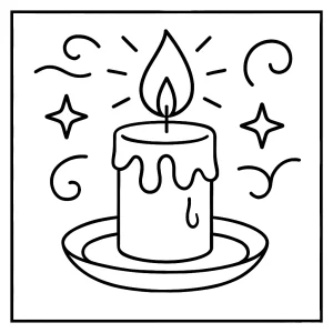 Candle light coloring page with a glowing candle illustration, free printable for kids and adults