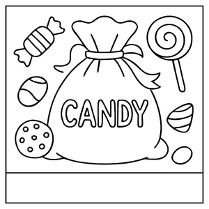 Candy bag coloring page with sweets and treats for kids to print and color