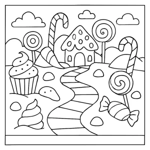 Candy Land coloring page featuring candy canes, lollipops, and chocolate rivers for kids to print and color