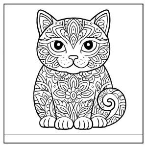 Cat mandala coloring page featuring a detailed feline design surrounded by intricate mandala patterns, printable and free for kids and adults.