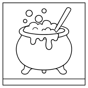 Magical cauldron coloring page with bubbling potion, free printable for kids