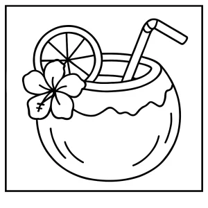 Tropical coconut drink coloring page with straw and umbrella – free printable