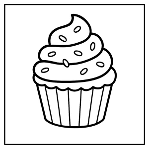 Cupcake coloring page with swirly frosting, cherry, and sprinkles for kids to print and color