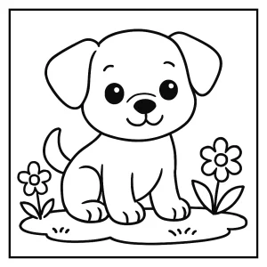 A cute puppy sitting and smiling, outlined for a coloring page – free printable for kids