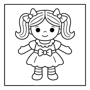 Cute doll coloring page for kids to print and color. Free printable coloring page featuring an adorable doll.