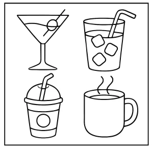 Drinks coloring page with smoothies, juice, and soda in printable format for kids