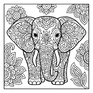 Elephant mandala coloring page showing an intricate elephant design filled with mandala patterns, printable for free.
