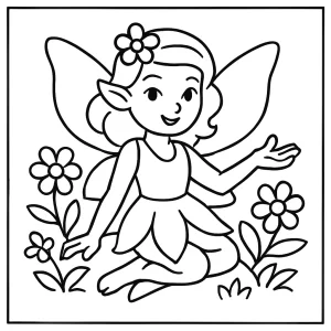 Magical fairy coloring page featuring a whimsical fairy with wings, surrounded by stars and flowers, printable for kids and adults.