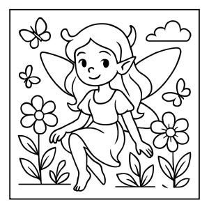 Magical fairy coloring page featuring a fairy with wings and flowers, free printable for kids and adults