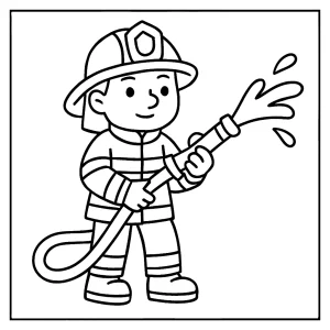 Firefighter coloring page featuring a firefighter in uniform holding a hose, free printable coloring page for kids