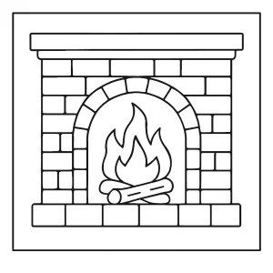Cozy fireplace coloring page for free printable fun featuring a detailed hearth and flames.