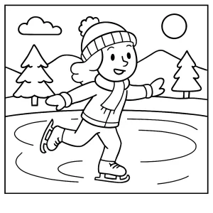 Frozen lake skating coloring page with children skating on ice, printable winter scene