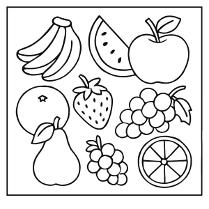 Fruits coloring page with apples, bananas, grapes, and oranges for kids to color
