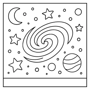 Printable galaxy coloring page featuring stars, planets, and comets for kids