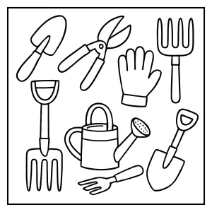 Garden tools coloring page featuring shovel, rake, watering can, and gloves for kids to print and color.