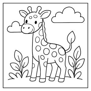Giraffe coloring page for kids showing a cute giraffe standing, printable and free to download.