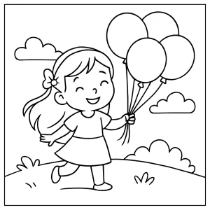 Girl with balloons coloring page – printable illustration for kids to color
