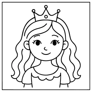 Princess girl with crown coloring page featuring a young girl wearing a royal crown, available to print and color for free