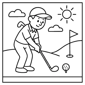 Golf coloring page featuring a golfer swinging on a golf course with a flag and ball, perfect for kids to print and color.