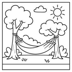 Relaxing hammock coloring page for free with hammock tied between trees, printable for kids