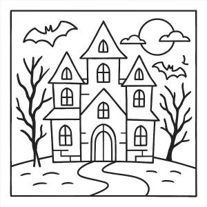 Spooky haunted house coloring page with ghosts, bats, and creepy trees