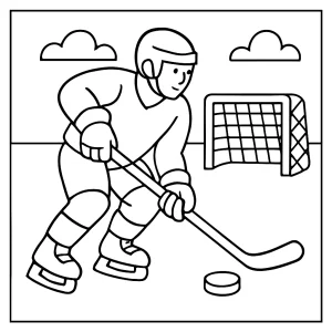 Hockey match with players in action, printable coloring page for kids to color