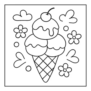 Ice cream coloring page with cone, swirled ice cream, and toppings for free printable fun