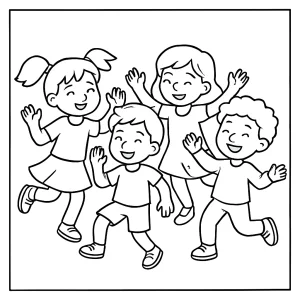 Kids dancing coloring page featuring happy children dancing together, free printable for kids