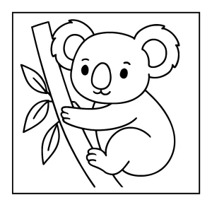 Koala coloring page featuring a cute koala on a tree branch, printable for kids