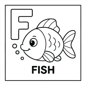 Letter F with Fish coloring page – printable worksheet for kids featuring big F and cute fish illustrations