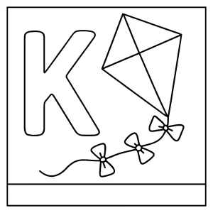 Letter K and kite coloring page for kids, printable and free
