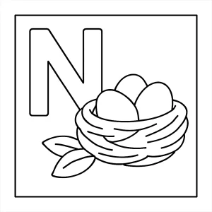 Letter N and nest coloring page for kids to print and color