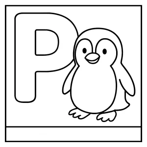 Letter P with penguin coloring page for kids, free printable activity