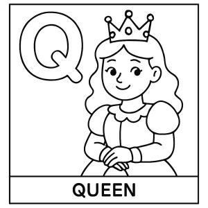 Letter Q with queen coloring page for kids to print and color
